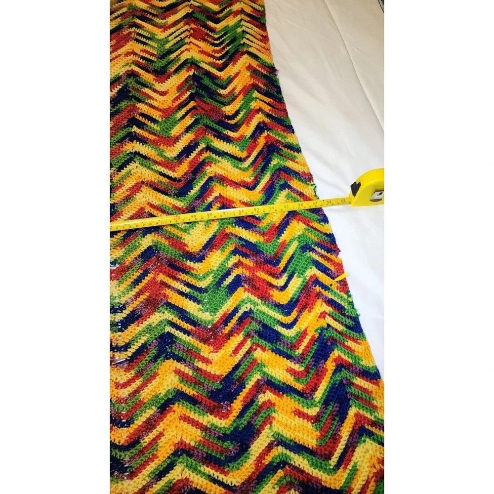 🔥 Vintage Wool  Hand Made Rainbow Zig Zag Blanket Afghan 55